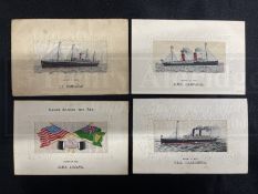 OCEAN LINER: Collection of seven silk postcards including S.S. Republic and R.M.S. Teutonic. (7)