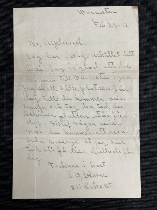 R.M.S. TITANIC - LILLIAN ASPLUND COLLECTION: A letter written in Swedish, Worcester 28th February