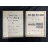 R.M.S. TITANIC: Sheet music 'Just as the Boat Went Down' and Lusitania 'When the Lusitania Went
