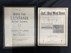 R.M.S. TITANIC: Sheet music 'Just as the Boat Went Down' and Lusitania 'When the Lusitania Went