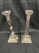 19th/20th cent. Silver plate on copper Corinthian column candlesticks, a pair. 13¼ins.