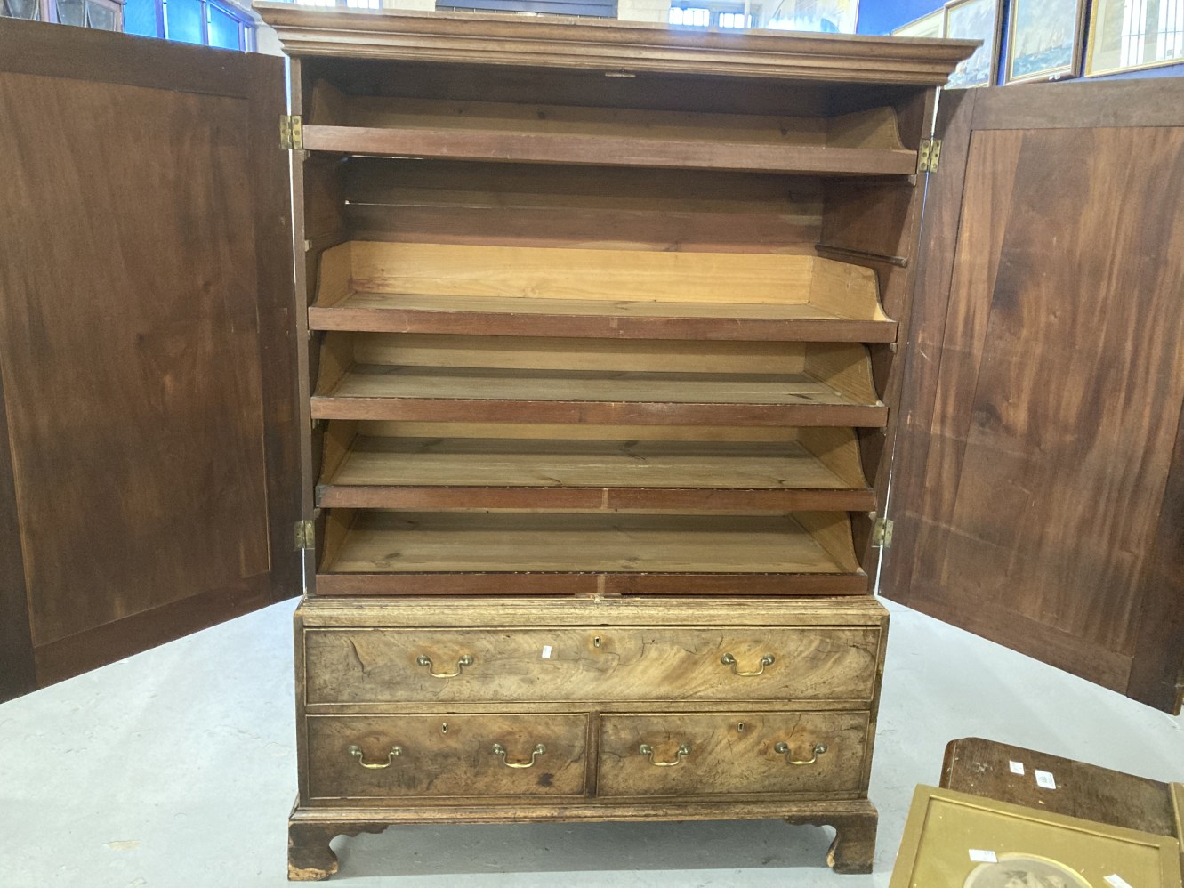 19th cent. Mahogany linen press with five sliders above one long and two short drawers on bracket - Image 5 of 5