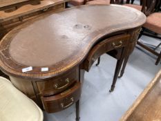 Edwardian inlaid mahogany kidney shaped ladies writing desk with brown leather inset top, boxwood