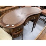 Edwardian inlaid mahogany kidney shaped ladies writing desk with brown leather inset top, boxwood