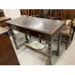 19th cent. Carolean reproduction hall table with twin drawers, brass teardrop handles on twist