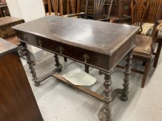 19th cent. Carolean reproduction hall table with twin drawers, brass teardrop handles on twist