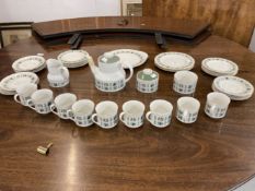 Royal Doulton: Tapestry pattern tea and coffee ware, teapot, sugar bowls, cake plate, cups x 9,