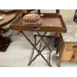 19th cent. Mahogany butler's tray and stand plus a Berlin bead footstool.