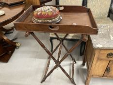 19th cent. Mahogany butler's tray and stand plus a Berlin bead footstool.