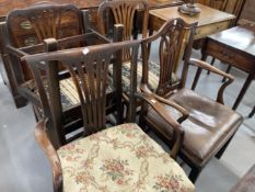 19th cent. Mahogany pierced back carver, plus four other period dining chairs.