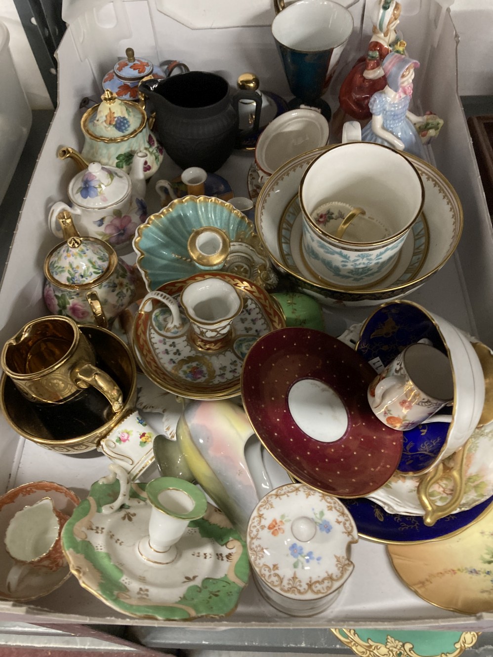 20th cent. Ceramics: Miniature teapots, milk jug and bowl, candlesticks including Dresden, etc. (