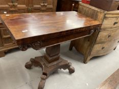 19th cent. Flame mahogany tea table, scrolled decoration on single column support. 37ins. x 30ins. x