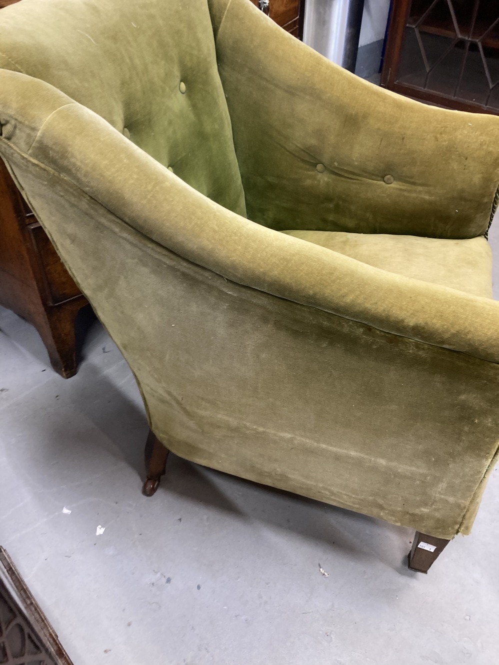 19th cent. Upholstered armchair on square tapering legs on castors. 28ins. Wide. 31ins. Deep. 34ins. - Image 3 of 4