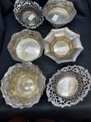 Hallmarked Silver: Collection of bon bon dishes, various patterns and hallmarks. Total weight 14.