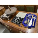 Treen, pine lazy Susan, glove box, electroplate lobster set, salad servers and fish servers.