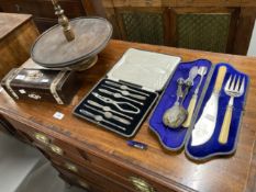 Treen, pine lazy Susan, glove box, electroplate lobster set, salad servers and fish servers.