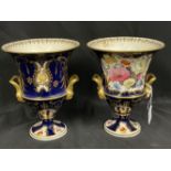 19th cent. Coalport/Derby cobalt blue campana vases with coloured enamel floral decoration with gilt