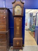 Clocks: Fine inlaid mahogany Edwardian longcase clock with simple moulded scroll pediment and