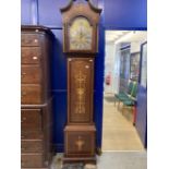 Clocks: Fine inlaid mahogany Edwardian longcase clock with simple moulded scroll pediment and