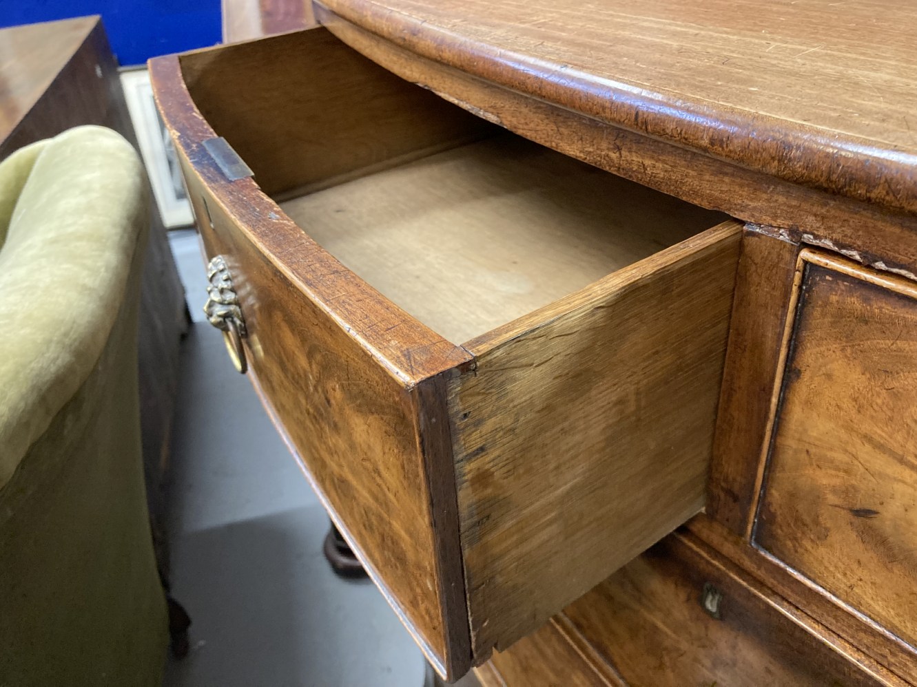 19th cent. Mahogany bow front chest of two over three drawers on splayed supports and lion's head - Image 4 of 5