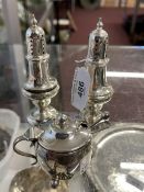 Hallmarked Silver: Salt and pepper, pot and two spoons. 3.5ozt. (5)
