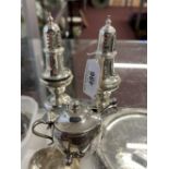 Hallmarked Silver: Salt and pepper, pot and two spoons. 3.5ozt. (5)