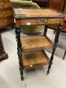 19th cent. French rosewood three tier what not with parquetry inlay, the top with brass gallery