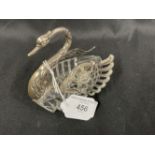 Continental Silver: Stamped 925 crystal swan pin dish with sterling standard wings import marked.