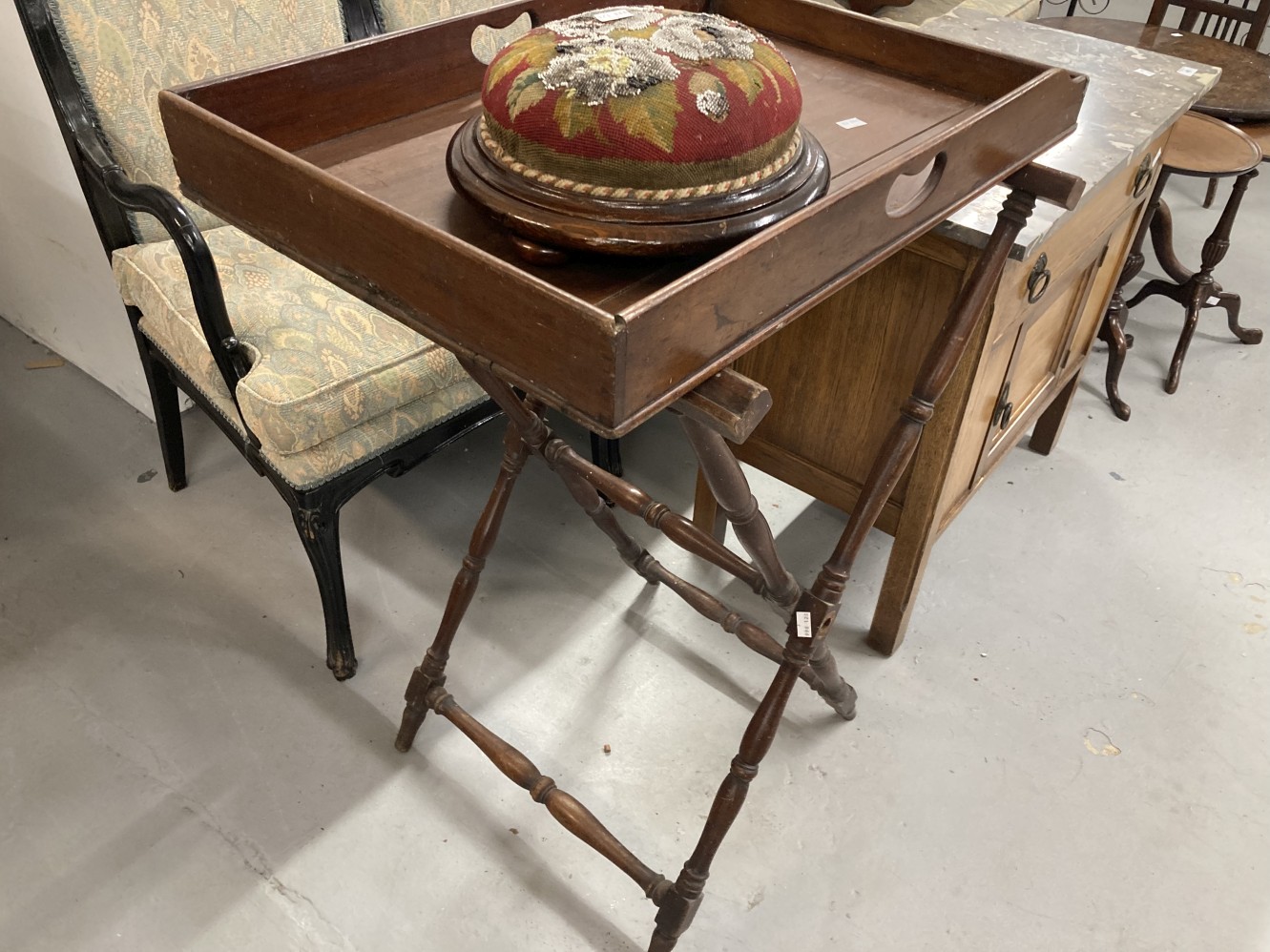 19th cent. Mahogany butler's tray and stand plus a Berlin bead footstool. - Image 2 of 3