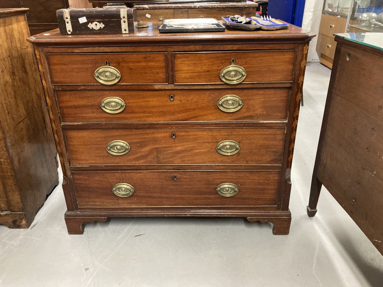 19th cent. Mahogany inlaid straight fronted chest of three long and two short drawers with oval - Image 5 of 6