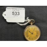 Watches: Yellow metal open faced dress pocket watch, champagne coloured dial with black Roman