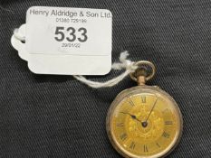 Watches: Yellow metal open faced dress pocket watch, champagne coloured dial with black Roman