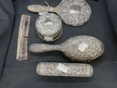 Hallmarked Silver: Five piece dressing table set with scroll and mask pattern hallmarked