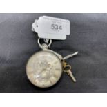 Hallmarked Silver open faced dress pocket watch, silver floral dial with gold Roman numerals.