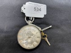 Hallmarked Silver open faced dress pocket watch, silver floral dial with gold Roman numerals.