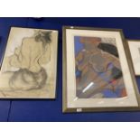 English School: Chalk and crayon picture of a naked lady, signed Ainsle, framed and glazed. 25½