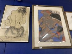 English School: Chalk and crayon picture of a naked lady, signed Ainsle, framed and glazed. 25½