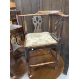 19th cent. Rustic corner chair with pierced splat back and drop in seat, mixed hardwood.