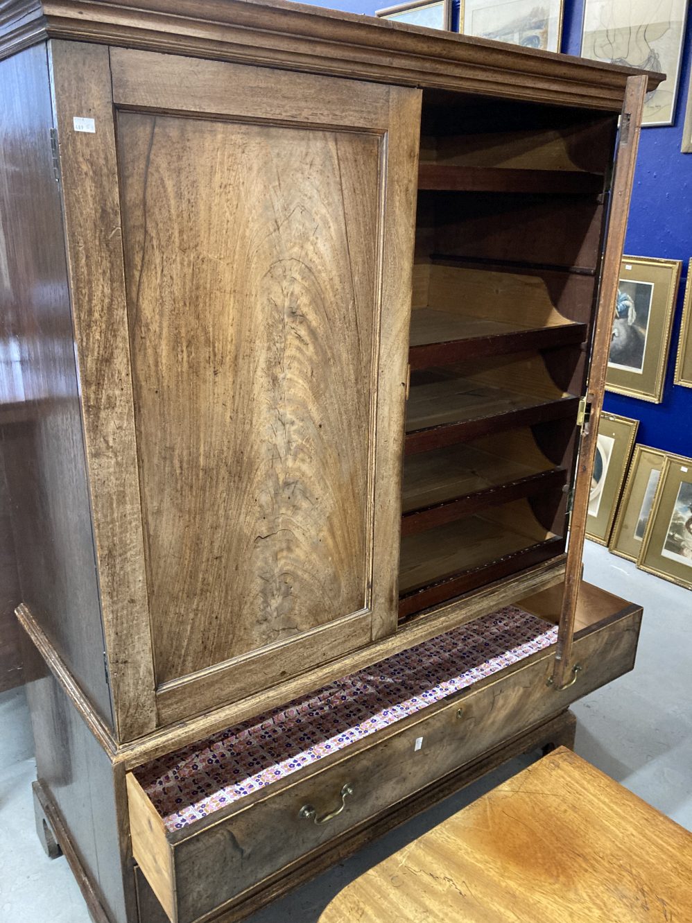 19th cent. Mahogany linen press with five sliders above one long and two short drawers on bracket - Image 2 of 5