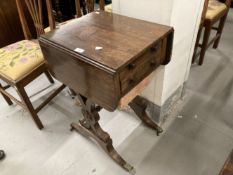 19th cent. Rosewood work box two drawers, double flap cotton box beneath, on splayed supports and