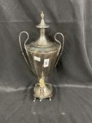 Adam style silver plated urn, one loose foot. 17ins.