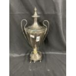 Adam style silver plated urn, one loose foot. 17ins.