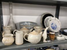 Pottery: Denmark Alumina blue flan dish, Copenhagen brown rose soup bowl, tall vase, etc. (7) Studio