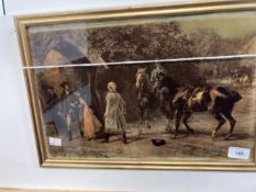 19th cent. Reverse printed study of people and horses, a couple caught eloping, framed. 17ins. x