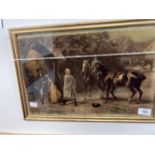 19th cent. Reverse printed study of people and horses, a couple caught eloping, framed. 17ins. x