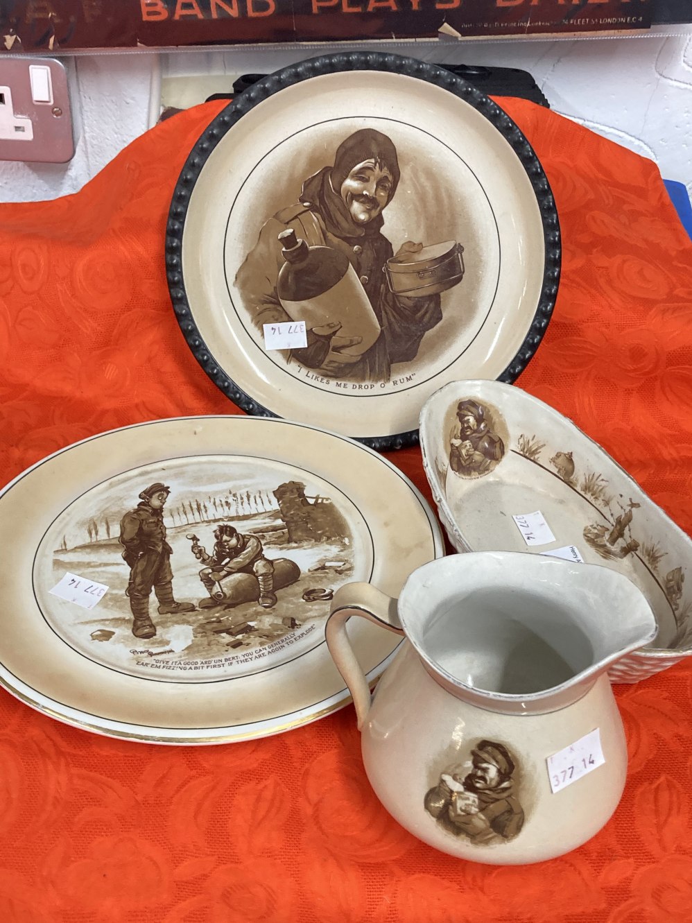 WWI Ceramics: Grimwades Bruce Bairnsfather ware pottery includes bon bon dishes, Old Bill plate 'I