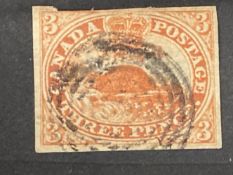 Stamps: Colony of Canada, 1851 SG1a, 3d Red, used, clipped top edge, multi circle cancel.