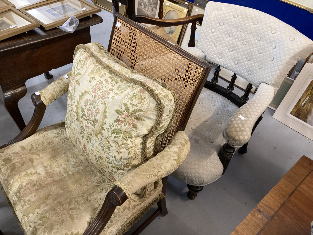 19th cent. Mahogany armchair with bergere back, plus another gilt and ebonised example. - Image 3 of 4