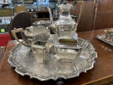 Early 20th cent. Electroplate Regency style reeded tea set of four, plus Sheffield plated tray