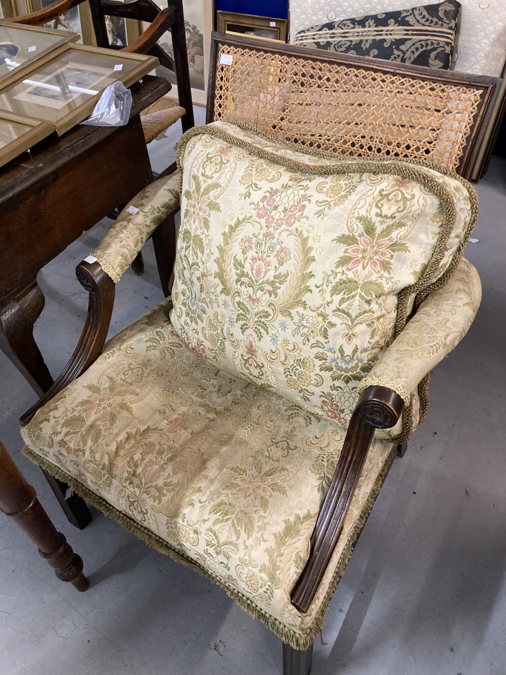 19th cent. Mahogany armchair with bergere back, plus another gilt and ebonised example. - Image 2 of 4